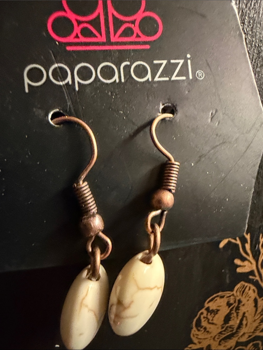Paparazzi Cream Stone Drop Earrings with Antique Copper Accents. 🆕